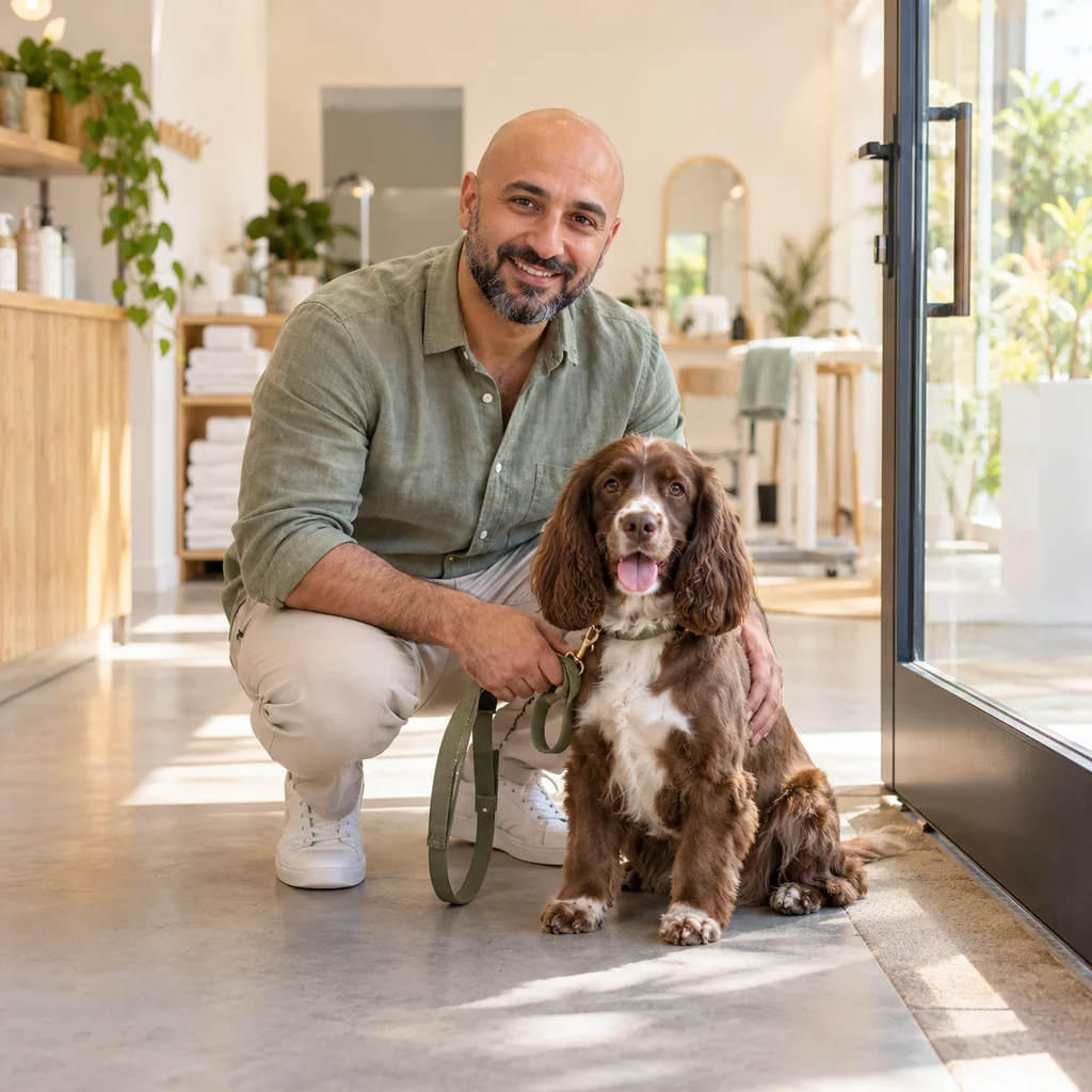An owner crouching beside his freshly groomed brown spaniel at the salon door