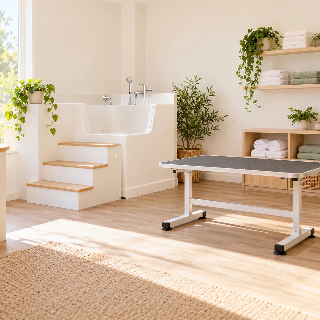 An empty bright salon with smooth walls, a white raised bath, grooming table, plants and towels