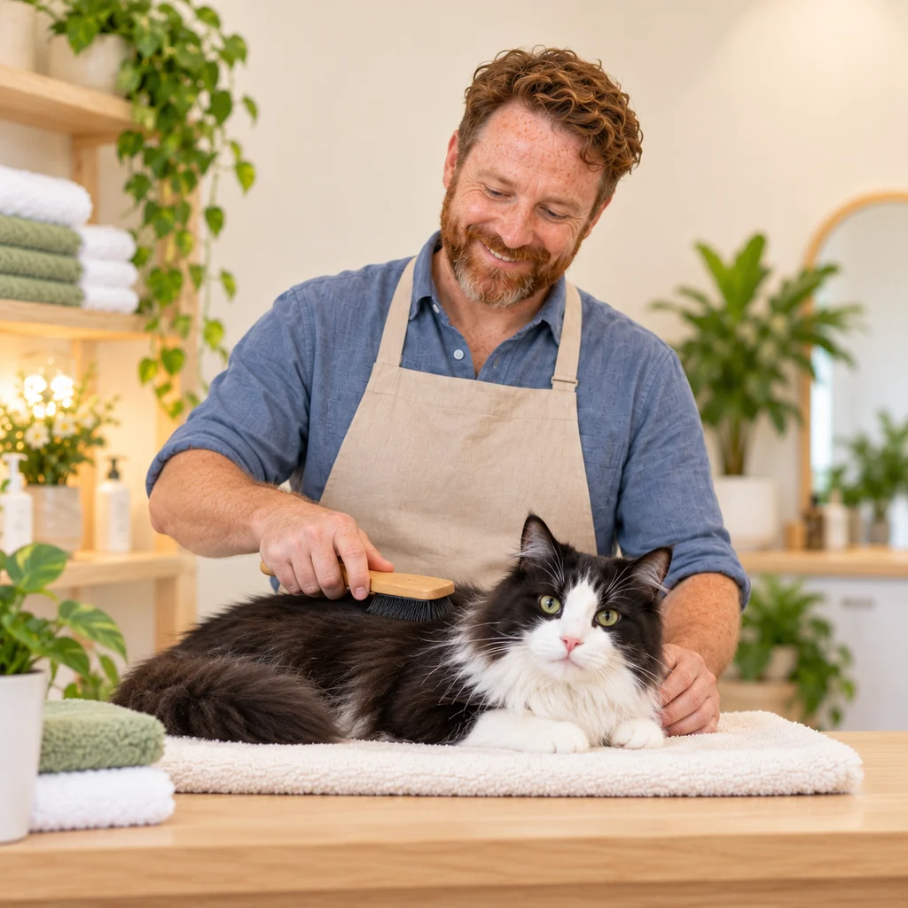 A bearded groomer brushing a relaxed black-and-white cat lying on a towel on the table