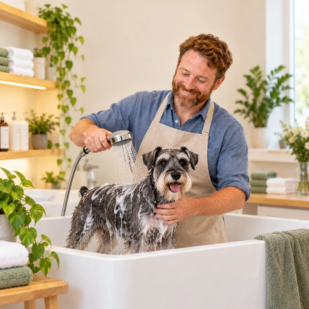A bearded groomer rinsing a schnauzer in a white raised bath against smooth painted walls