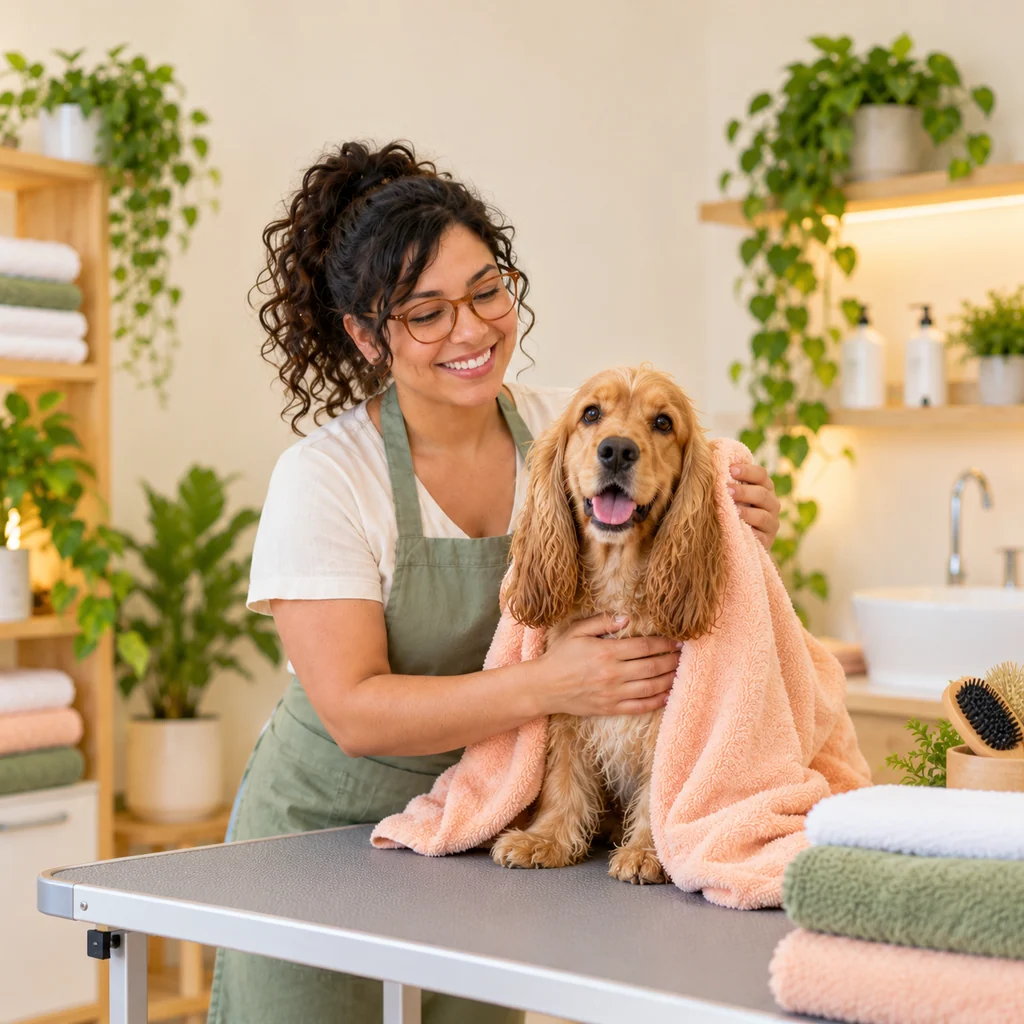 A groomer gently towel-drying a cocker spaniel in a fluffy peach towel on a grooming table