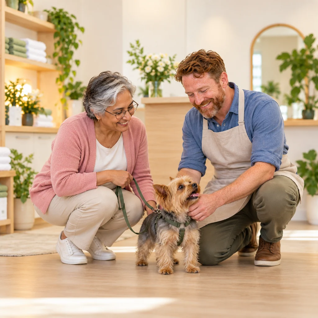 An owner and a bearded groomer crouching beside a Yorkshire terrier on its lead at the salon counter