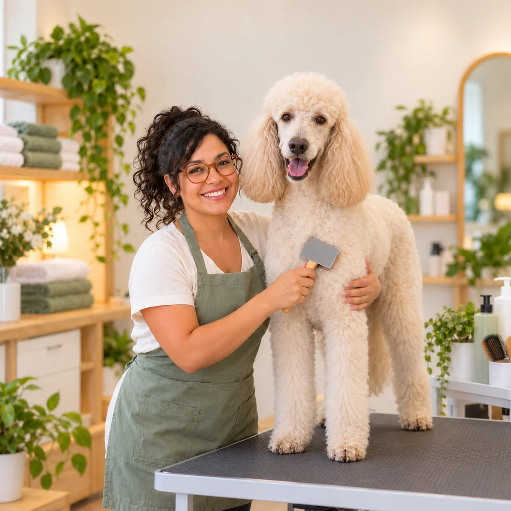 A groomer brushing a cream standard poodle while supporting its chest on the grooming table