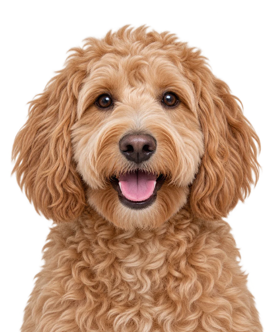 A front-facing apricot doodle with an open-mouthed smile, cropped straight across the chest