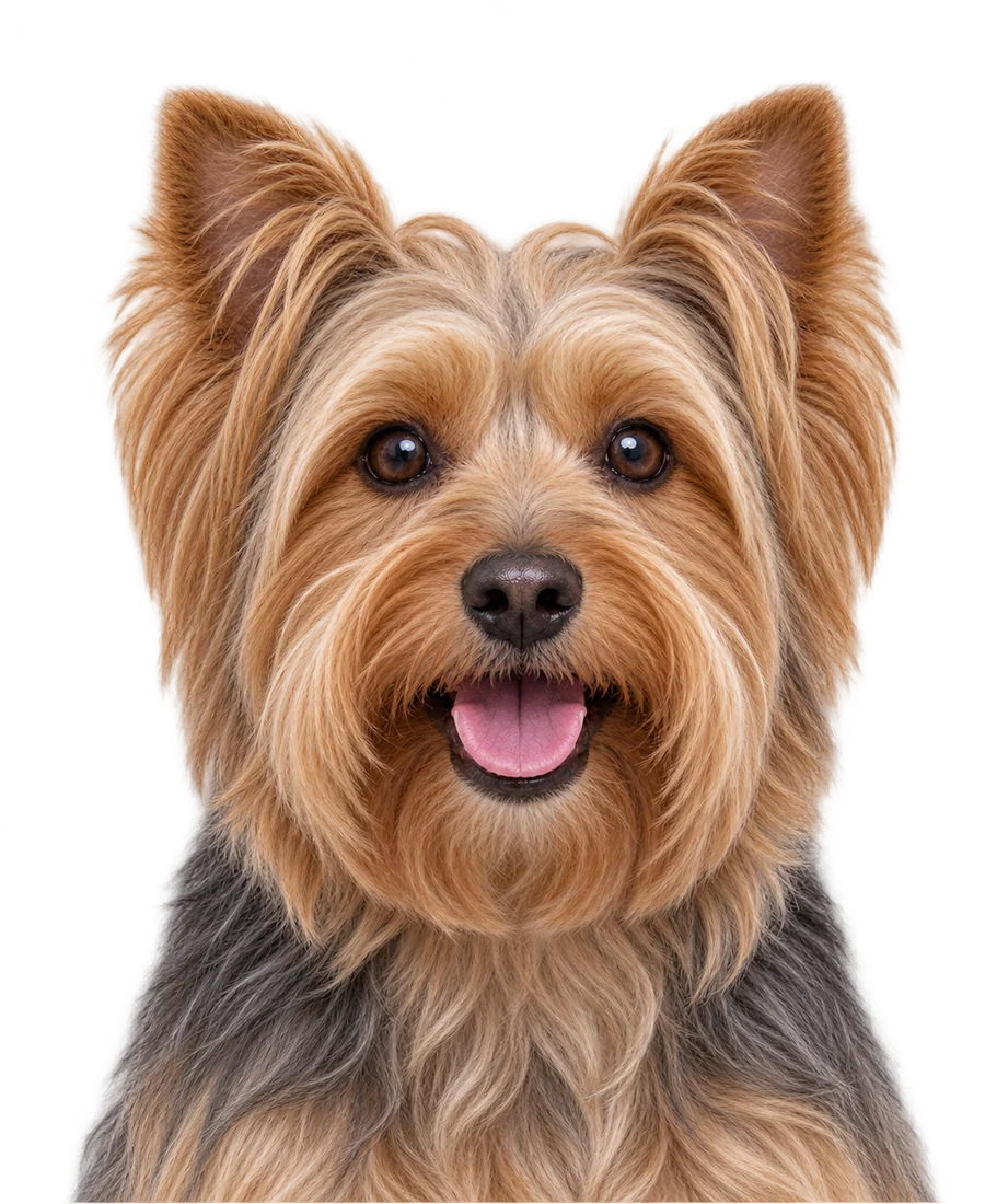 A front-facing Yorkshire terrier with a silky groomed coat, cropped straight across the chest