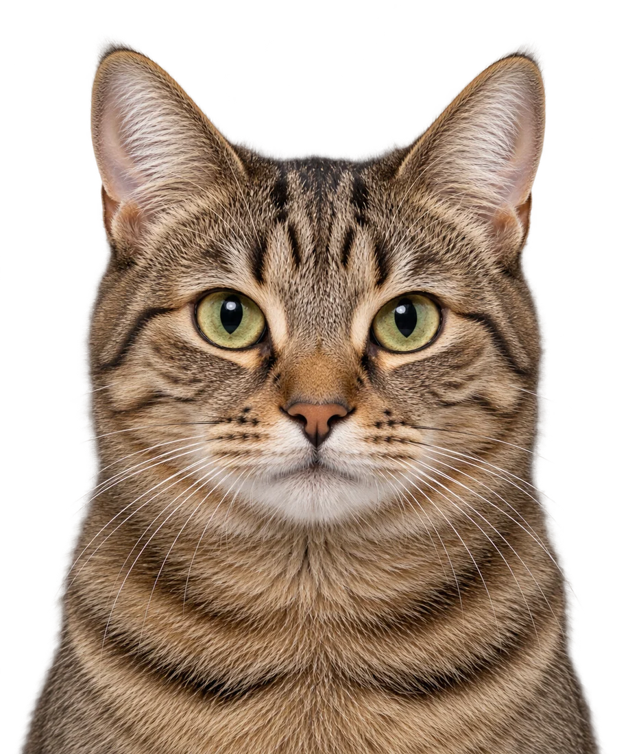A calm brown tabby cat facing the camera, cropped straight across the chest