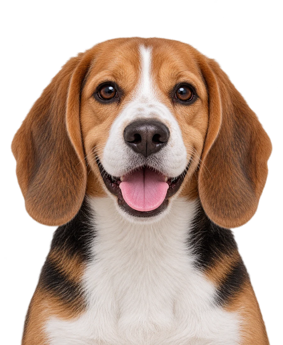 A happy tricolour beagle facing the camera, cropped straight across the chest
