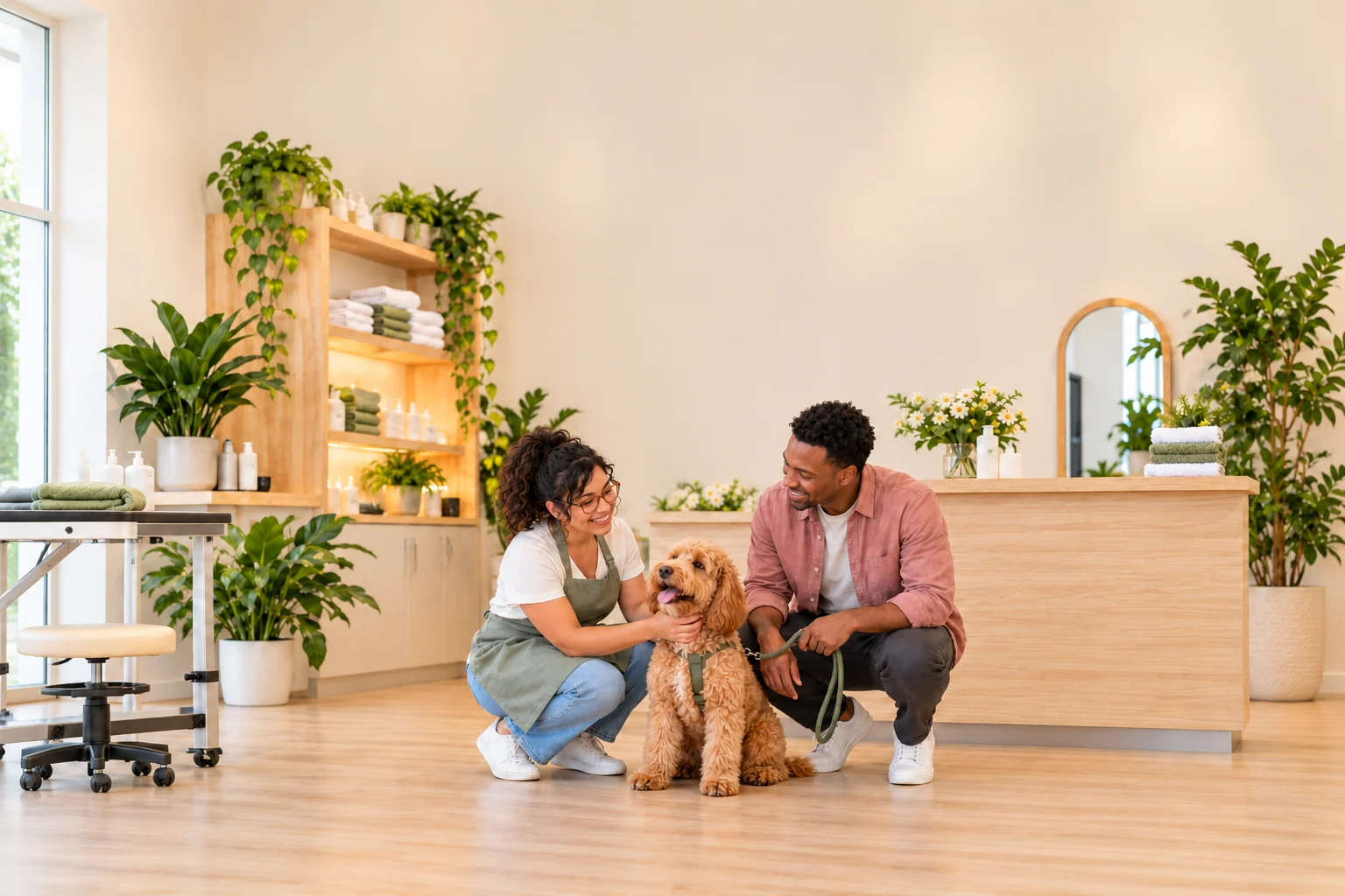 A groomer in a sage apron crouching to greet an apricot doodle on its owner’s held lead at the counter