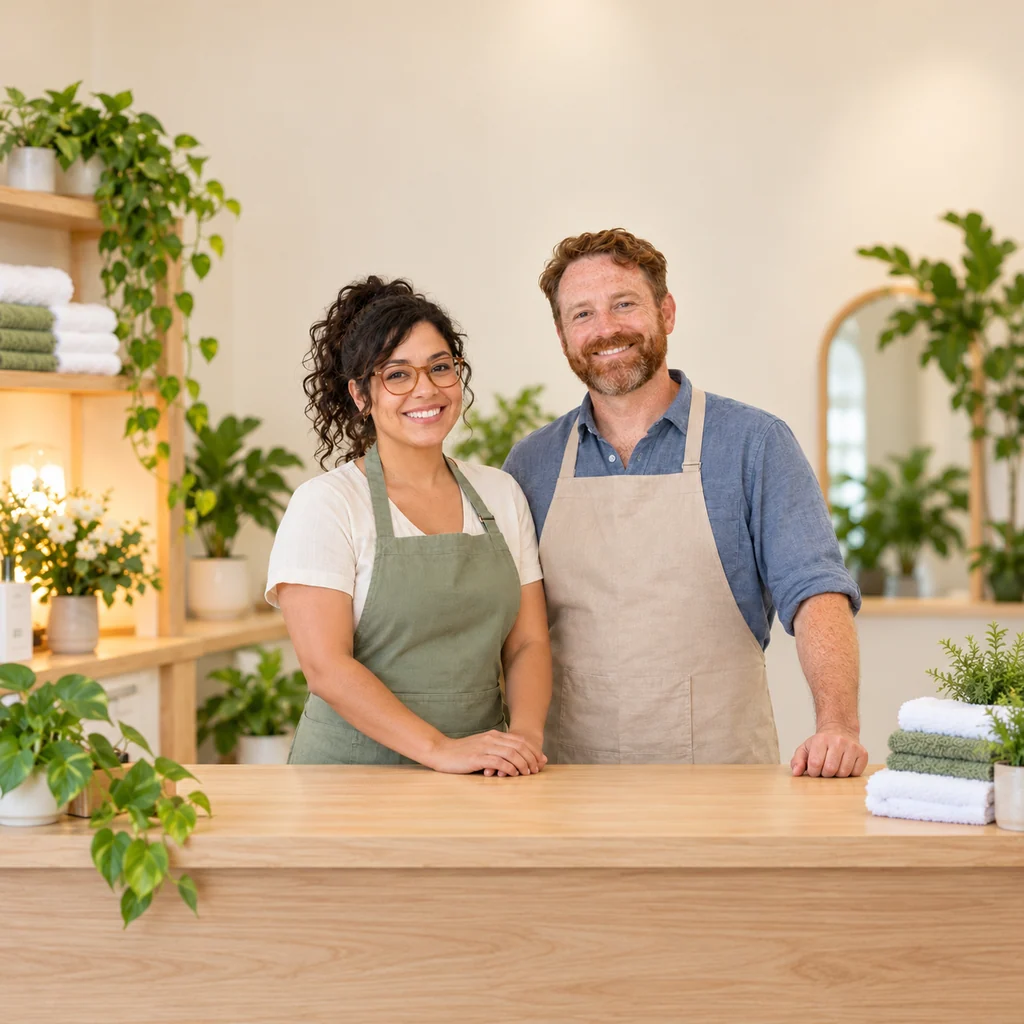 Two groomers in different sage and oatmeal aprons standing at a bright salon counter